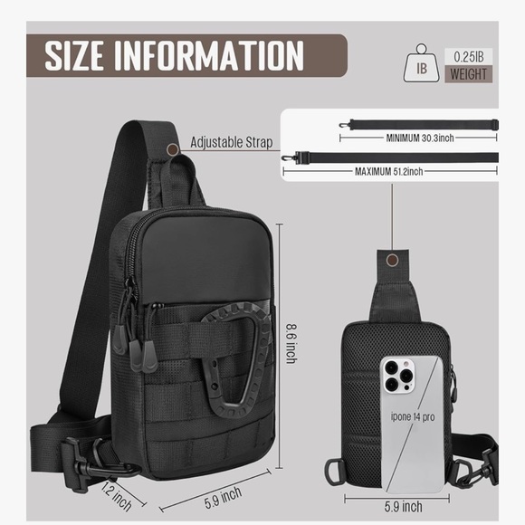 NWOT Black Sling Bag Men Women, Tactical Inspired Waterproof Utility EDC Travel - Picture 3 of 11